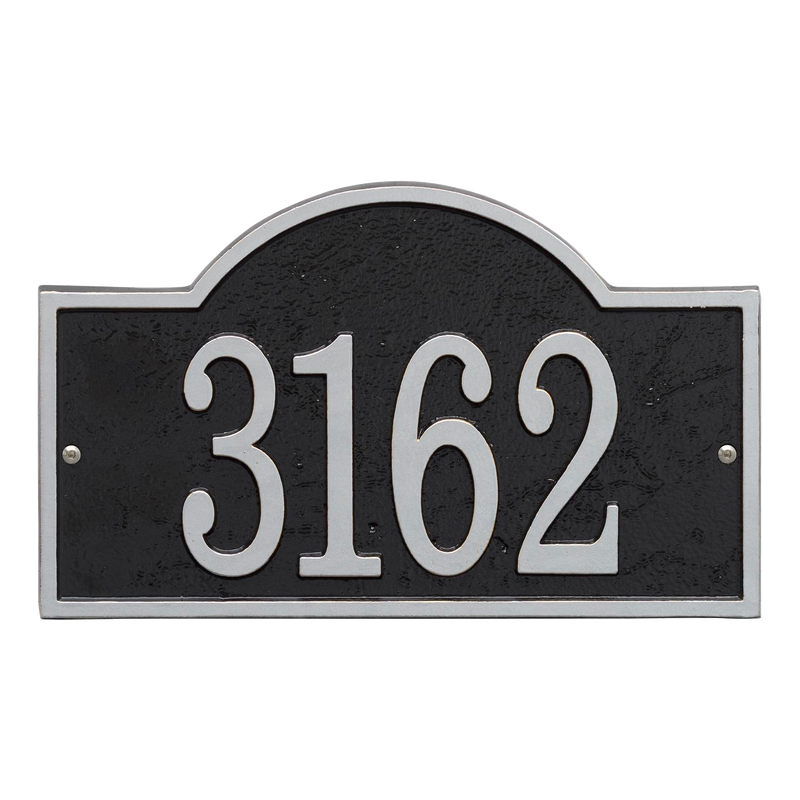Handcrafted black address plaque with silver arched rectangular border and raised numbers, made in USA, perfect for Home & Decor, Mailboxes and Address Signs collections.