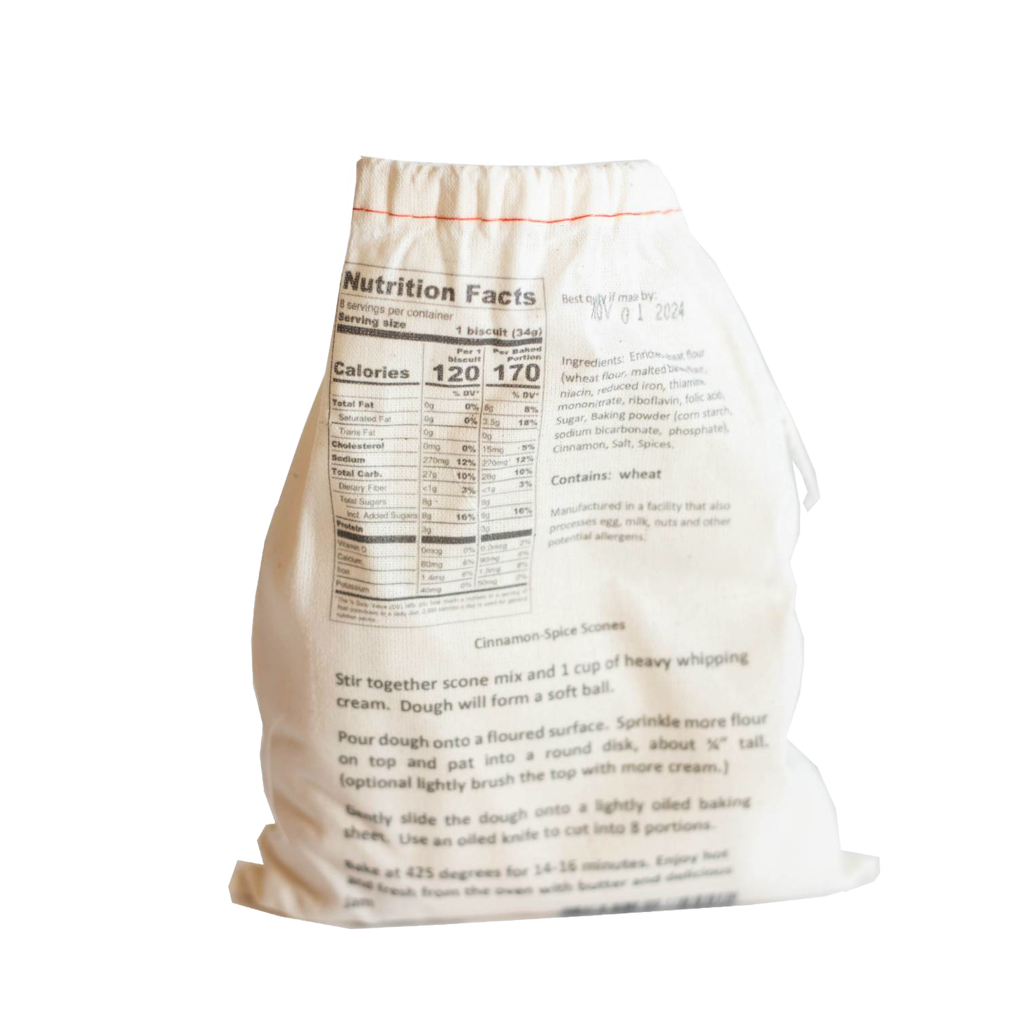 Cotton drawstring bag of handcrafted scone mix with printed nutritional facts and baking instructions, ideal for Kitchen & Food, Pantry, Dry Goods and Mixes, Best Sellers, Promo Eligible collections.