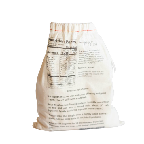Cotton drawstring bag of handcrafted scone mix with printed nutritional facts and baking instructions, ideal for Kitchen & Food, Pantry, Dry Goods and Mixes, Best Sellers, Promo Eligible collections.