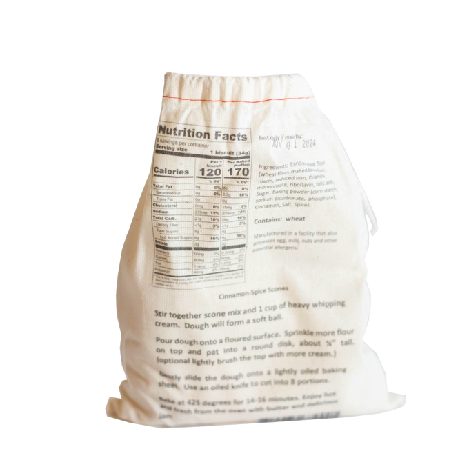 Cotton drawstring bag of handcrafted scone mix with printed nutritional facts and baking instructions, ideal for Kitchen & Food, Pantry, Dry Goods and Mixes, Best Sellers, Promo Eligible collections.