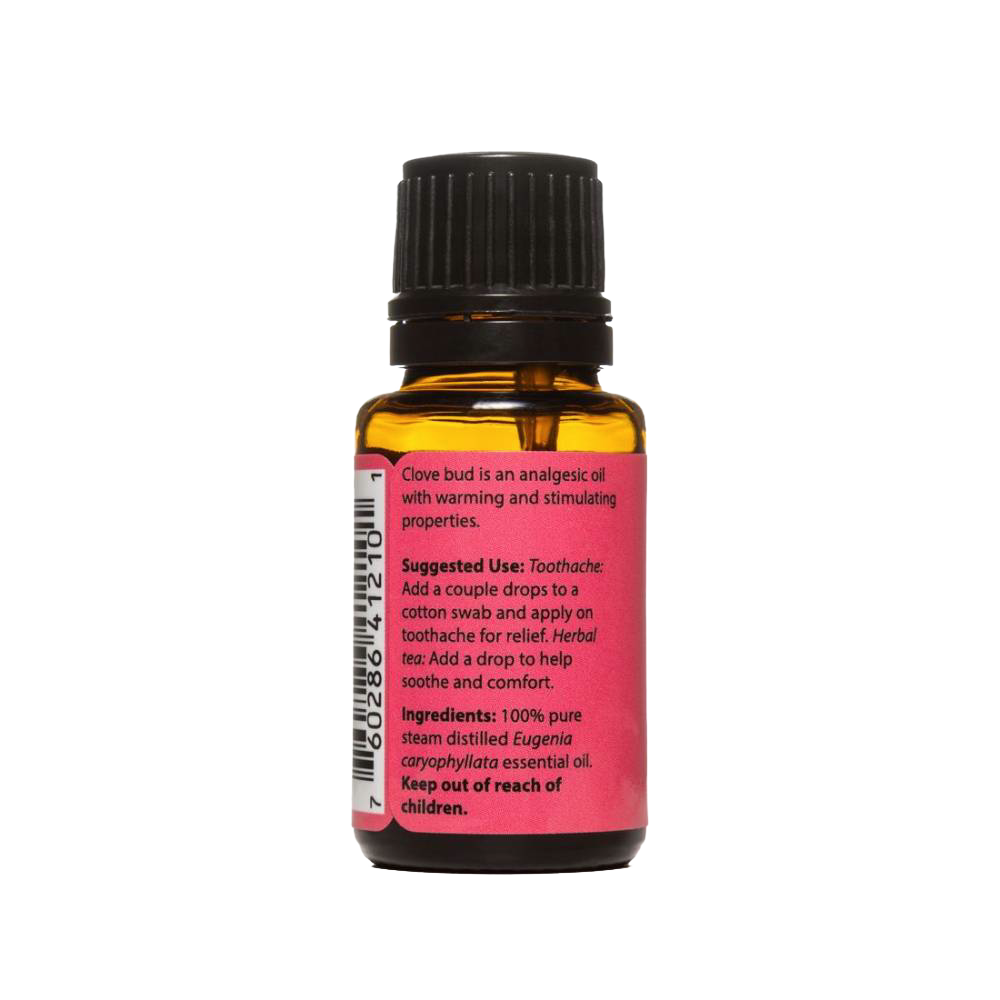 Small amber bottle with black cap containing pure clove bud essential oil, handcrafted in USA, ideal for health remedies, aromatherapy, soapmaking, and candlemaking supplies.