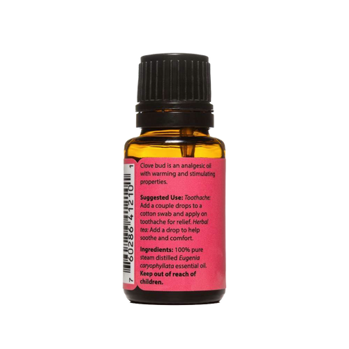 Small amber bottle with black cap containing pure clove bud essential oil, handcrafted in USA, ideal for health remedies, aromatherapy, soapmaking, and candlemaking supplies.