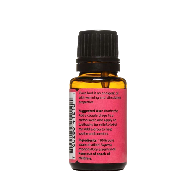 Small amber bottle with black cap containing pure clove bud essential oil, handcrafted in USA, ideal for health remedies, aromatherapy, soapmaking, and candlemaking supplies.
