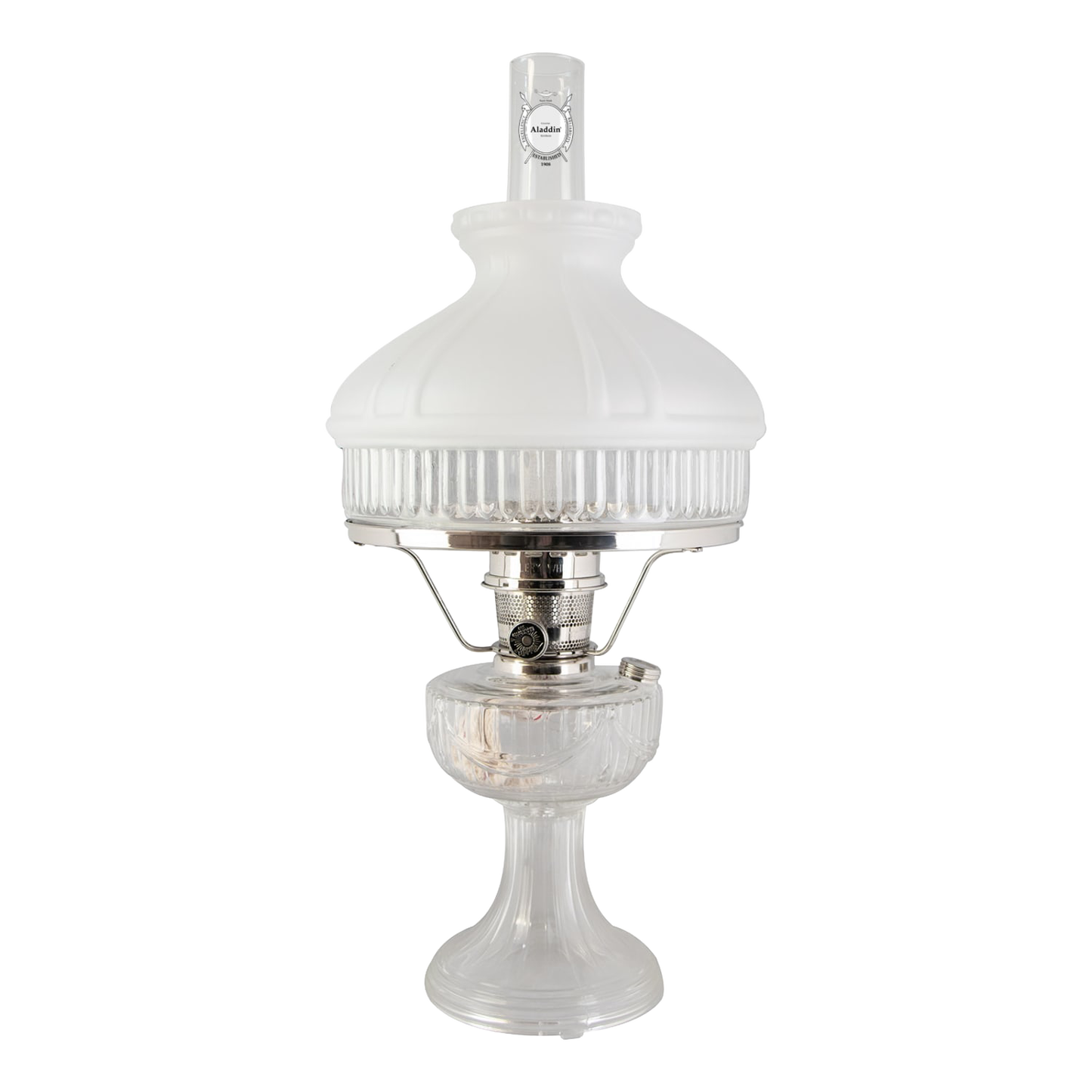 Handcrafted oil lamp featuring a frosted white top shade and clear ribbed glass base with polished metal burner, bright enough for reading, suited for Farm, Garden & Tool, Lamps & Lighting, Emergency Supplies, Oil Lamps, Table Lamps, Best Sellers, and Promo Eligible collections.