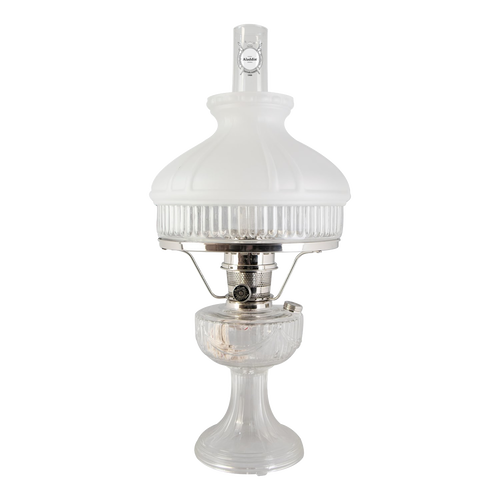 Handcrafted oil lamp featuring a frosted white top shade and clear ribbed glass base with polished metal burner, bright enough for reading, suited for Farm, Garden & Tool, Lamps & Lighting, Emergency Supplies, Oil Lamps, Table Lamps, Best Sellers, and Promo Eligible collections.