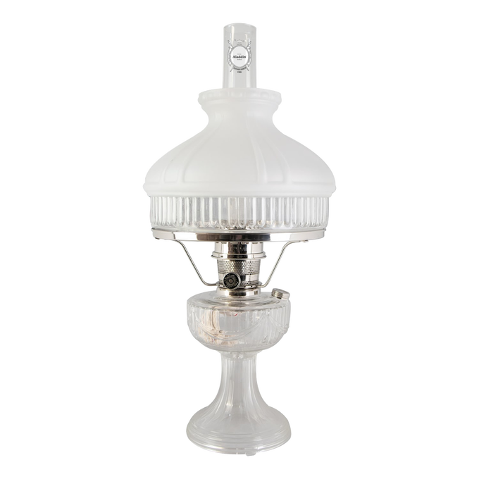 Handcrafted oil lamp featuring a frosted white top shade and clear ribbed glass base with polished metal burner, bright enough for reading, suited for Farm, Garden & Tool, Lamps & Lighting, Emergency Supplies, Oil Lamps, Table Lamps, Best Sellers, and Promo Eligible collections.