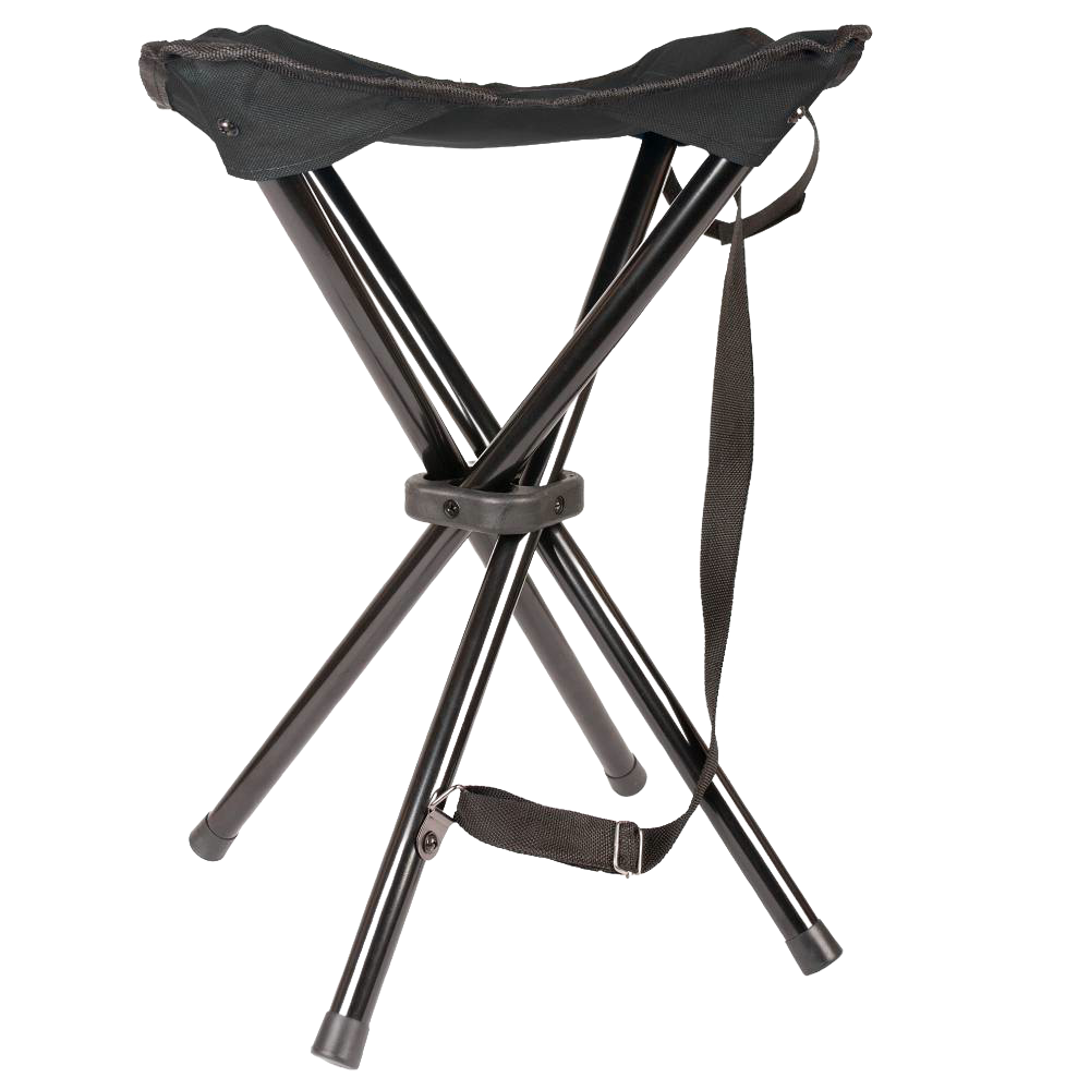 Lightweight three-legged folding outdoor stool with durable black fabric seat and metal legs, featuring a carry strap, suitable for Farm, Garden & Tool, Camping, Best Sellers, Promo Eligible, and Sale collections.