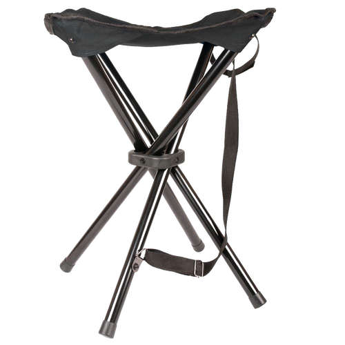 Lightweight three-legged folding outdoor stool with durable black fabric seat and metal legs, featuring a carry strap, suitable for Farm, Garden & Tool, Camping, Best Sellers, Promo Eligible, and Sale collections.