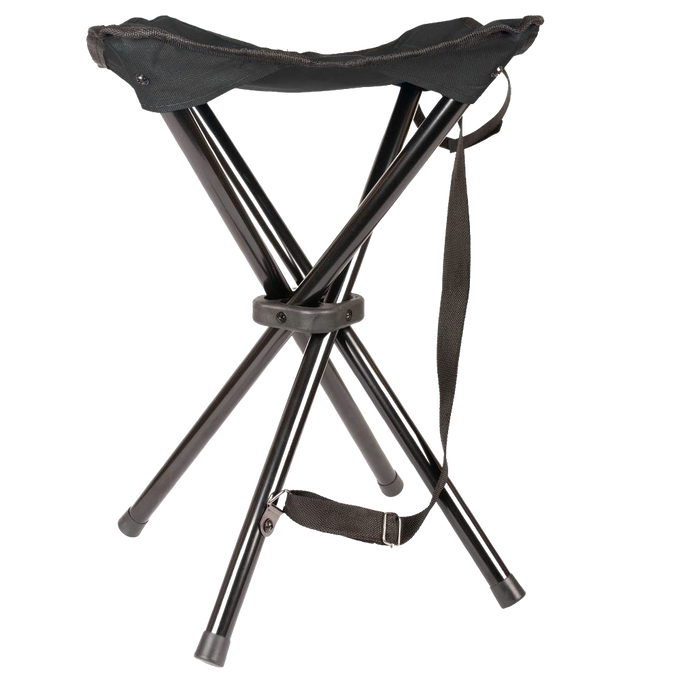 Lightweight three-legged folding outdoor stool with durable black fabric seat and metal legs, featuring a carry strap, suitable for Farm, Garden & Tool, Camping, Best Sellers, Promo Eligible, and Sale collections.