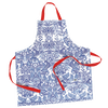 Handcrafted vinyl apron with intricate blue floral retro print and bright red adjustable straps, featuring two large pockets, ideal for Kitchen & Food, Kitchen Gadgets, USA Made, and Best Sellers collections.