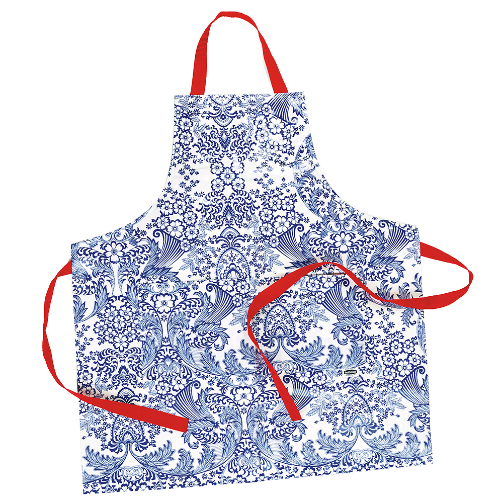 Handcrafted vinyl apron with intricate blue floral retro print and bright red adjustable straps, featuring two large pockets, ideal for Kitchen & Food, Kitchen Gadgets, USA Made, and Best Sellers collections.