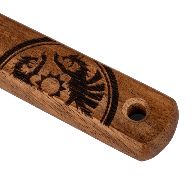 Wooden handle of a stainless steel soup ladle featuring a detailed engraved design, handcrafted with a hanging hole, ideal for Farm, Garden & Tool and Camping collections.