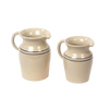 Pair of handcrafted stoneware pitchers in cream with simple blue stripes, lead-free and made in USA, versatile for serving or as decorative vases, ideal for Kitchen & Food and Dinnerware collections.