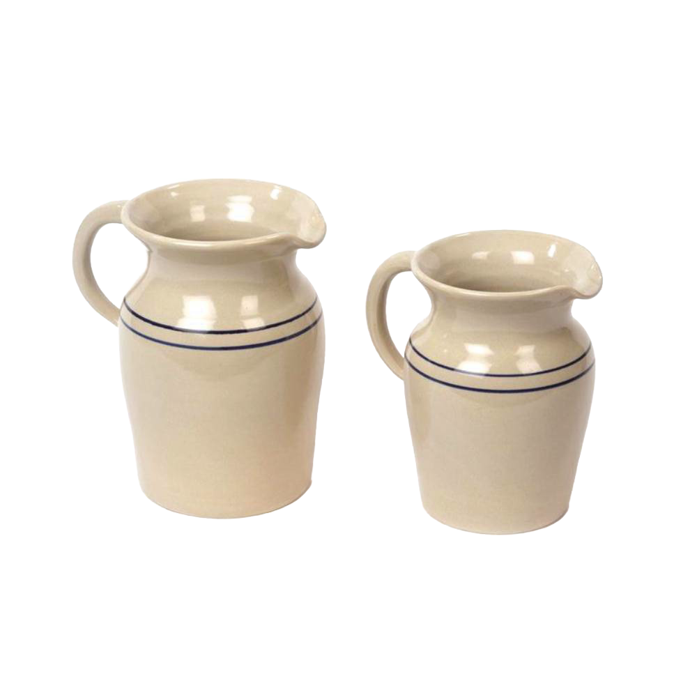 Pair of handcrafted stoneware pitchers in cream with simple blue stripes, lead-free and made in USA, versatile for serving or as decorative vases, ideal for Kitchen & Food and Dinnerware collections.