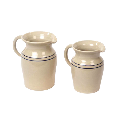 Pair of handcrafted stoneware pitchers in cream with simple blue stripes, lead-free and made in USA, versatile for serving or as decorative vases, ideal for Kitchen & Food and Dinnerware collections.