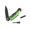Handcrafted green and black survival knife with serrated edge, integrated seatbelt cutter, glass breaker, and detachable fire starter, ideal for camping and emergency supplies collections.