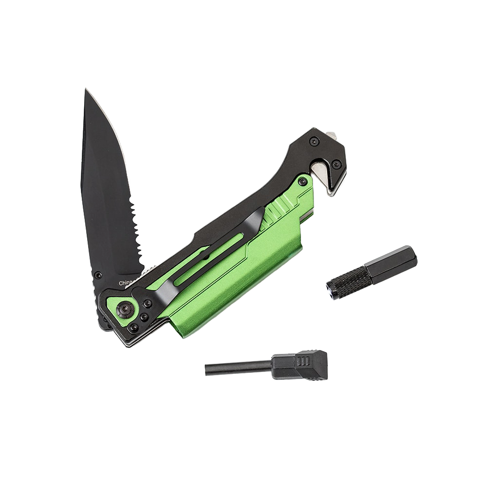 Handcrafted green and black survival knife with serrated edge, integrated seatbelt cutter, glass breaker, and detachable fire starter, ideal for camping and emergency supplies collections.