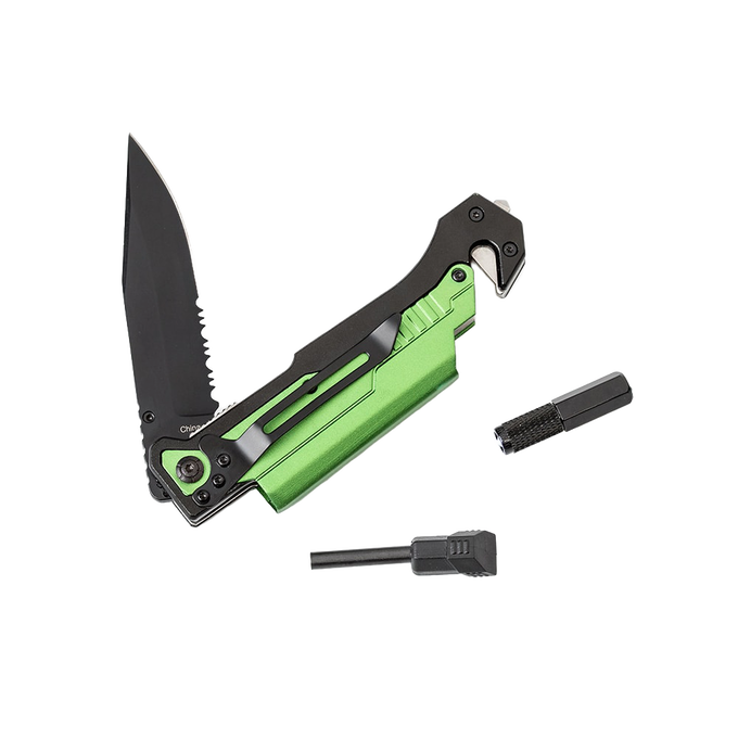 Handcrafted green and black survival knife with serrated edge, integrated seatbelt cutter, glass breaker, and detachable fire starter, ideal for camping and emergency supplies collections.
