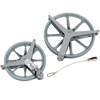 Two large, durable powder-coated aluminum pulley wheels with ball bearing hubs and attached braided rope, handcrafted in the USA for efficient clothesline use.