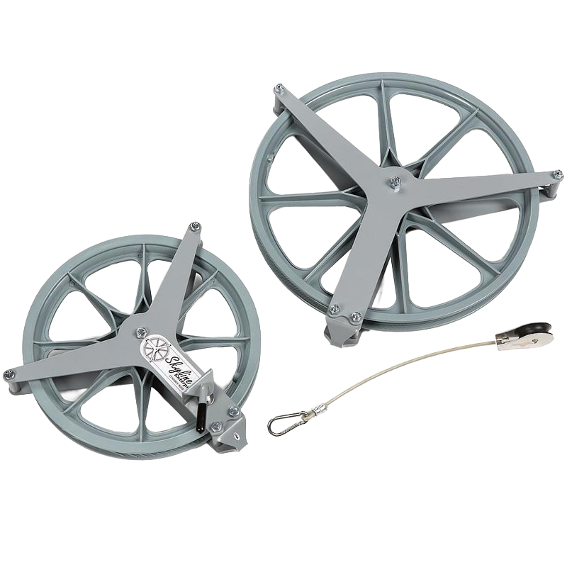 Two large, durable powder-coated aluminum pulley wheels with ball bearing hubs and attached braided rope, handcrafted in the USA for efficient clothesline use.