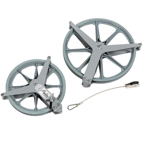 Two large, durable powder-coated aluminum pulley wheels with ball bearing hubs and attached braided rope, handcrafted in the USA for efficient clothesline use.