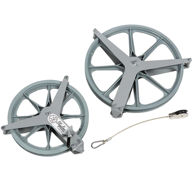Two large, durable powder-coated aluminum pulley wheels with ball bearing hubs and attached braided rope, handcrafted in the USA for efficient clothesline use.
