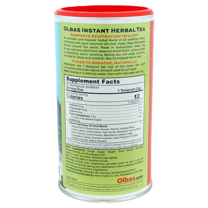 Cylindrical container of Olbas herbal tea showing detailed label with supplement facts, natural blend of 20 herbs supporting respiratory health, featured in Kitchen & Food, Brewing Coffee and Tea, Best Sellers, and Promo Eligible collections.