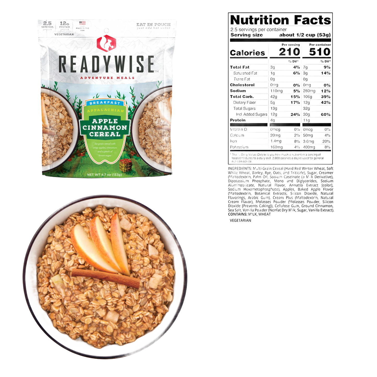 ReadyWise apple cinnamon cereal packet with nutritional information and a bowl of granola topped with apple slices and cinnamon stick, suitable for Camping, Emergency Supplies, USA Made, and Best Sellers collections.