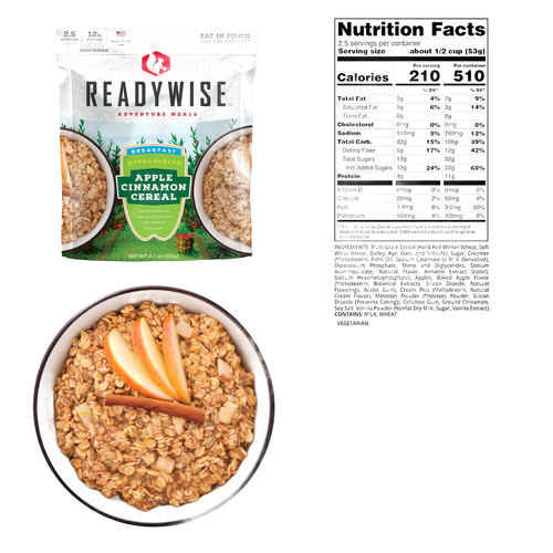 ReadyWise apple cinnamon cereal packet with nutritional information and a bowl of granola topped with apple slices and cinnamon stick, suitable for Camping, Emergency Supplies, USA Made, and Best Sellers collections.