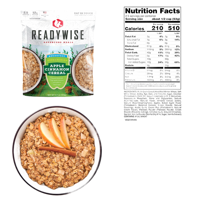 ReadyWise apple cinnamon cereal packet with nutritional information and a bowl of granola topped with apple slices and cinnamon stick, suitable for Camping, Emergency Supplies, USA Made, and Best Sellers collections.