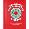 Red-covered book titled Emergency Preparedness Logbook featuring icons of fire, tornado, flood, earthquake, and other hazards, ideal for emergency supplies and home how-to books.
