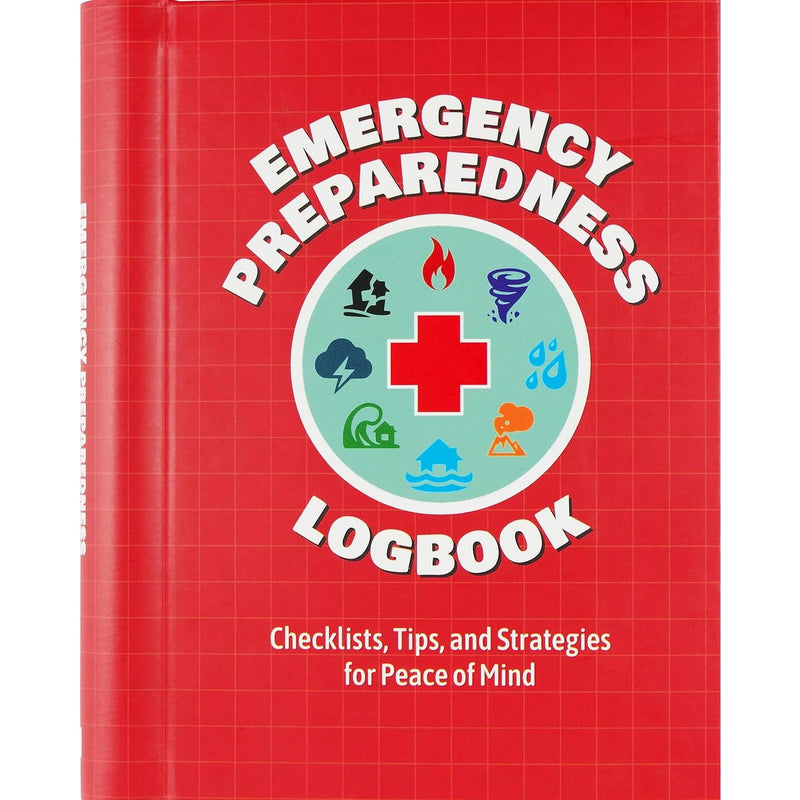 Red-covered book titled Emergency Preparedness Logbook featuring icons of fire, tornado, flood, earthquake, and other hazards, ideal for emergency supplies and home how-to books.