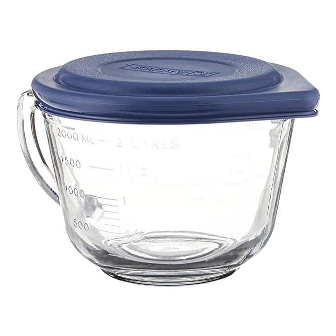 Clear heavy-duty glass mixing bowl with embossed measurements, sturdy handle, and fitted blue lid, handcrafted in USA, ideal for Kitchen & Food, Cookware, Baking Supplies, Storage and Serving, Best Sellers.