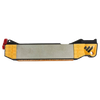 Compact knife sharpener with yellow guides, diamond sharpening surface, ceramic rods, and leather strop, designed for Farm, Garden & Tool, Knives & Axes, and Sharpening collections.