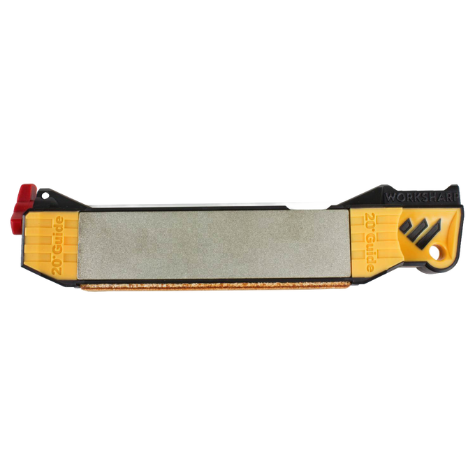 Compact knife sharpener with yellow guides, diamond sharpening surface, ceramic rods, and leather strop, designed for Farm, Garden & Tool, Knives & Axes, and Sharpening collections.