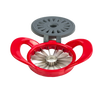 Thin apple slicer with stainless steel blades and durable red hard plastic body, featuring a gray protective cover, designed for quick, uniform wedges in kitchen and cooking helpers collections.