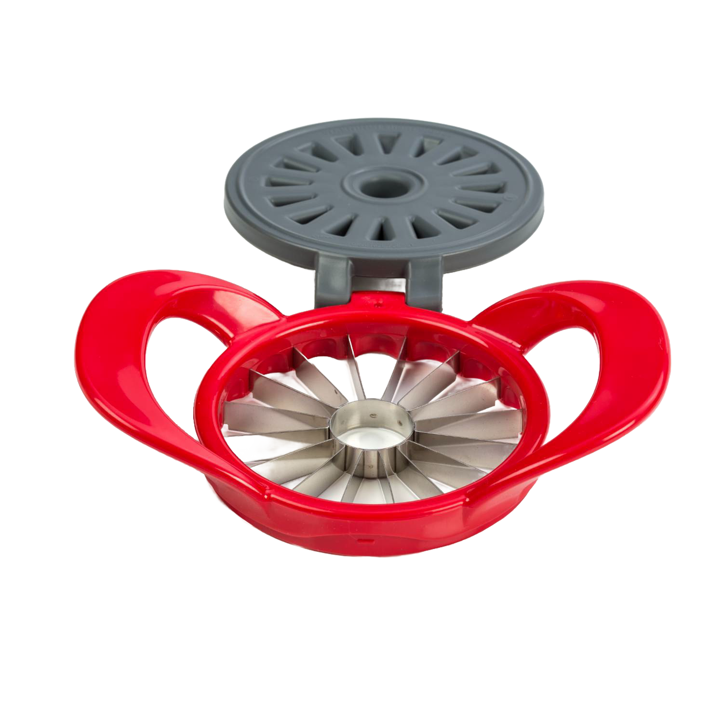 Thin apple slicer with stainless steel blades and durable red hard plastic body, featuring a gray protective cover, designed for quick, uniform wedges in kitchen and cooking helpers collections.
