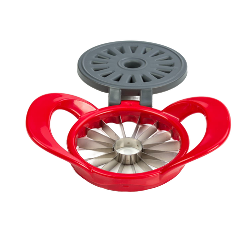 Thin apple slicer with stainless steel blades and durable red hard plastic body, featuring a gray protective cover, designed for quick, uniform wedges in kitchen and cooking helpers collections.