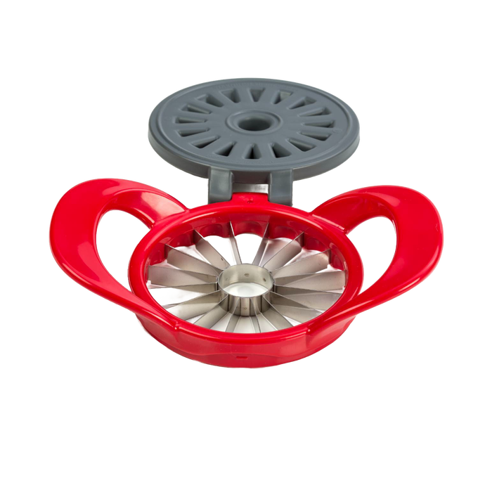Thin apple slicer with stainless steel blades and durable red hard plastic body, featuring a gray protective cover, designed for quick, uniform wedges in kitchen and cooking helpers collections.