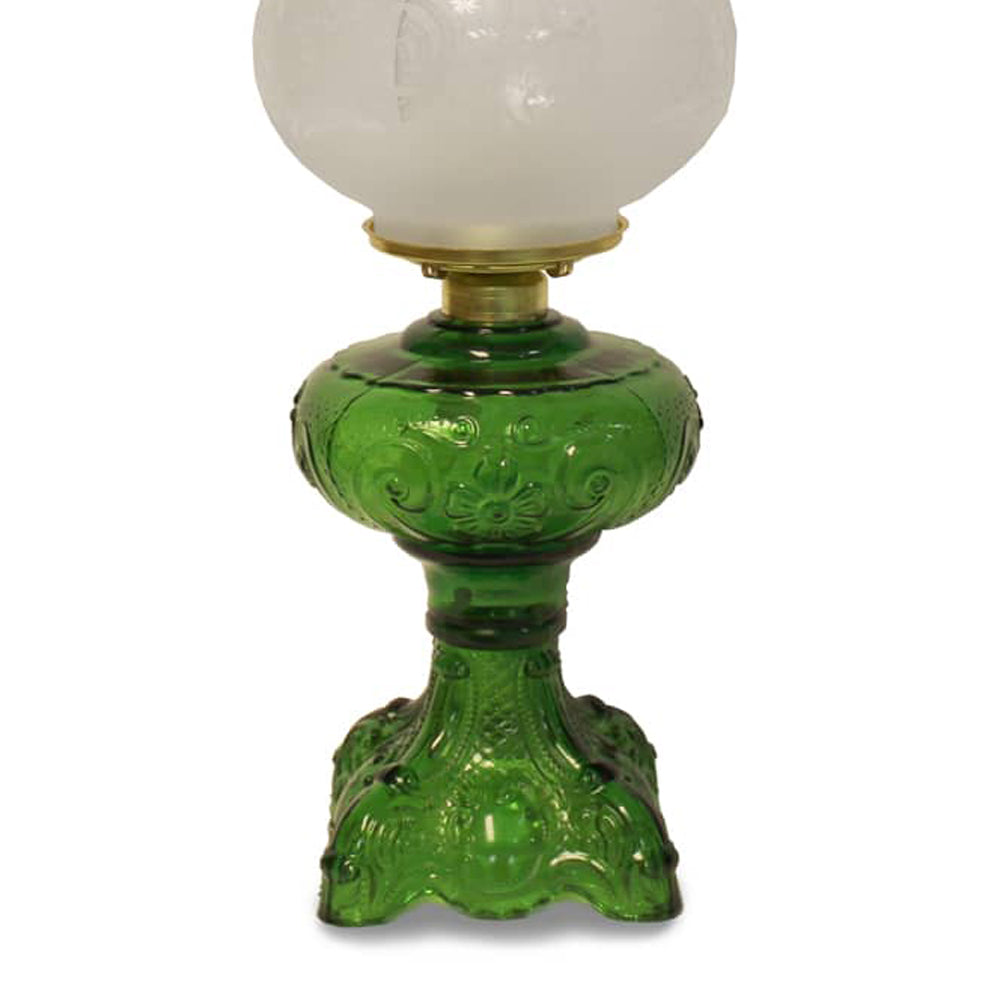 Handcrafted 22-inch Princess Feather oil lamp with a richly detailed green glass base, heavy brass-plated burner, and frosted etched chimney, ideal for Lamps & Lighting, Oil Lamps, Table Lamps, Best Sellers, Promo Eligible collections.