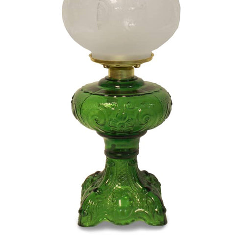 Handcrafted 22-inch Princess Feather oil lamp with a richly detailed green glass base, heavy brass-plated burner, and frosted etched chimney, ideal for Lamps & Lighting, Oil Lamps, Table Lamps, Best Sellers, Promo Eligible collections.