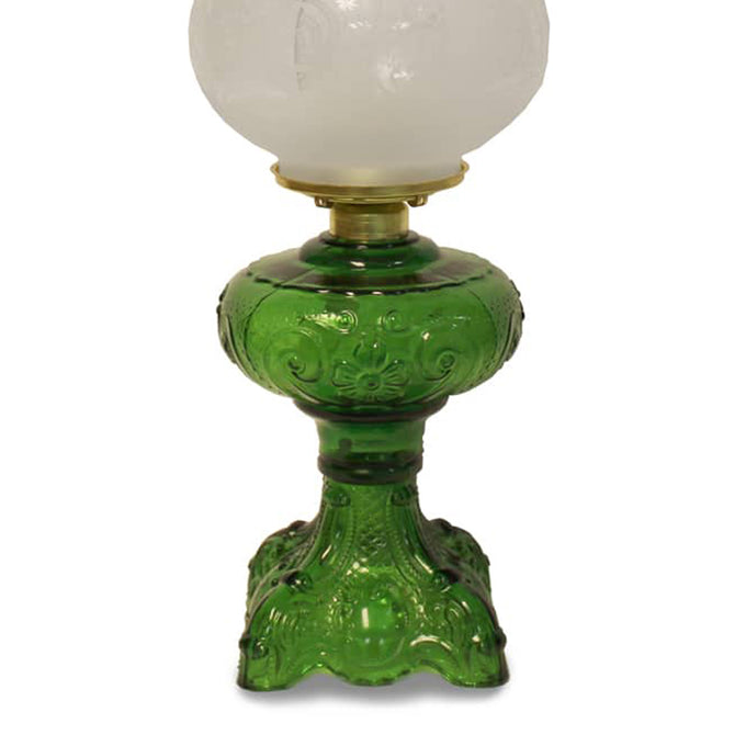 Handcrafted 22-inch Princess Feather oil lamp with a richly detailed green glass base, heavy brass-plated burner, and frosted etched chimney, ideal for Lamps & Lighting, Oil Lamps, Table Lamps, Best Sellers, Promo Eligible collections.