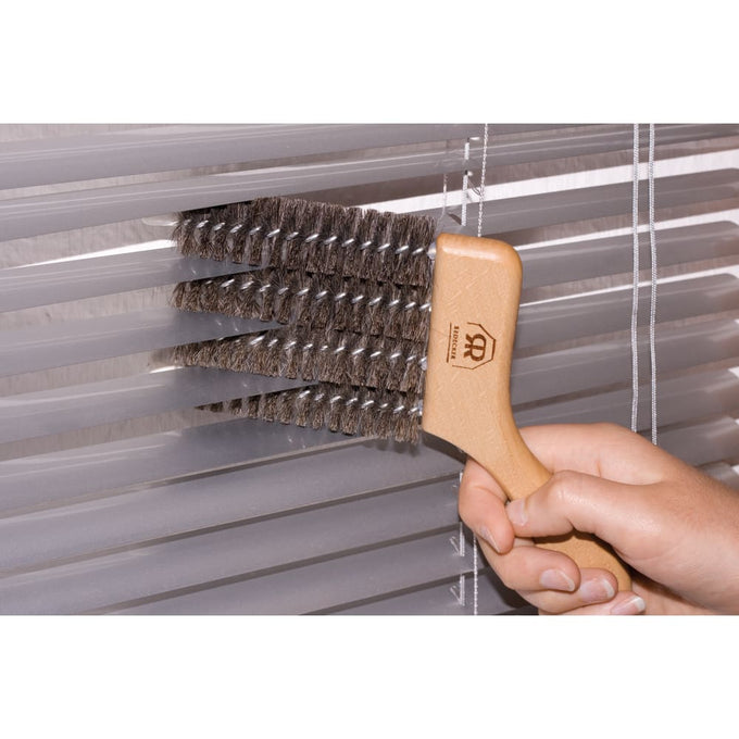 Handcrafted cleaning brush with four goat hair bristled cylinders and an oiled beechwood handle, designed for efficient dust removal from window blinds; featured in Home & Decor and Household Cleaning collections.