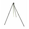 Heavy-duty black steel cooking tripod with adjustable leg extensions and hanging chain with S-hook, designed for easy height adjustment in camping and outdoor cooking.