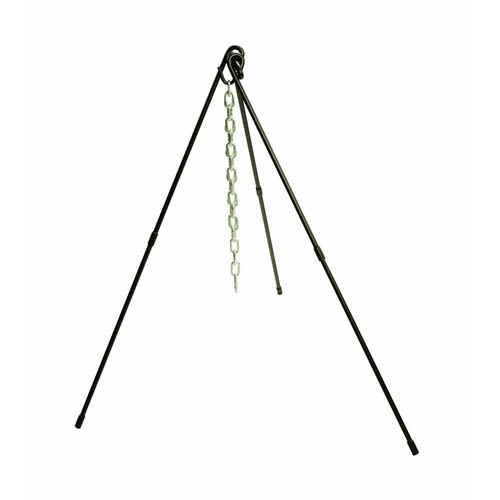 Heavy-duty black steel cooking tripod with adjustable leg extensions and hanging chain with S-hook, designed for easy height adjustment in camping and outdoor cooking.