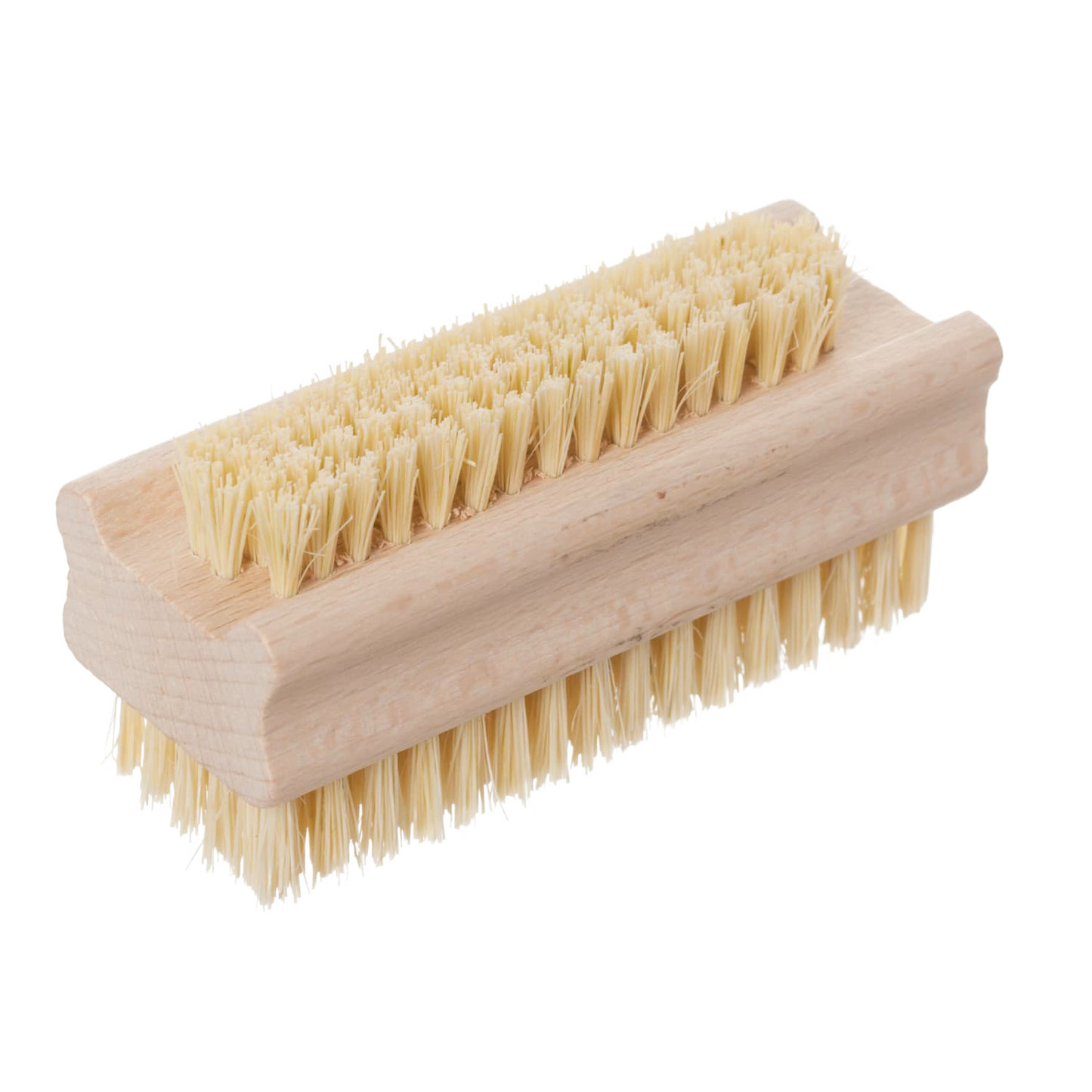 Compact nail brush with firm natural bristles and a durable untreated beechwood handle, handcrafted in Poland for effective cleaning, featured in Health & Wellness and Grooming collections.