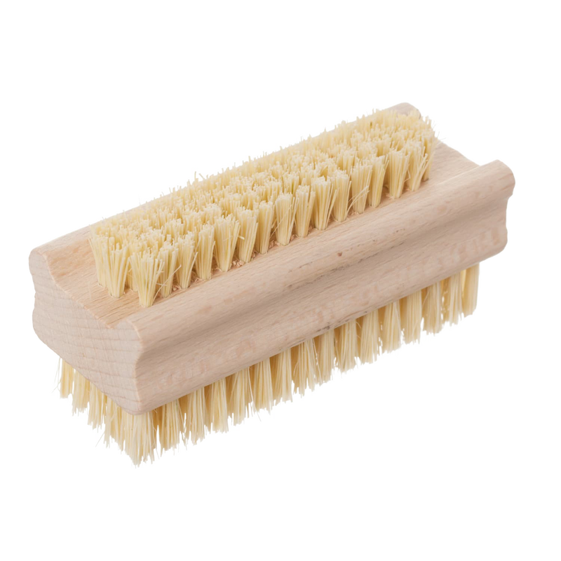 Compact nail brush with firm natural bristles and a durable untreated beechwood handle, handcrafted in Poland for effective cleaning, featured in Health & Wellness and Grooming collections.