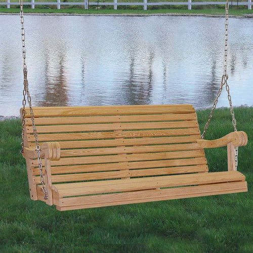 Handcrafted Amish made cypress wooden porch swing with smooth slats and sturdy chains, designed for outdoor relaxation in Home & Decor, Outdoor Furniture, and USA Made collections.