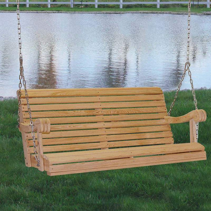 Handcrafted Amish made cypress wooden porch swing with smooth slats and sturdy chains, designed for outdoor relaxation in Home & Decor, Outdoor Furniture, and USA Made collections.
