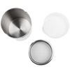 Overhead view of a stainless steel multi-part shaker with a fine mesh top and plastic twist-and-lock lid, designed for Kitchen & Food, Cooking and Baking Helpers, and Kitchen Accessories collections.